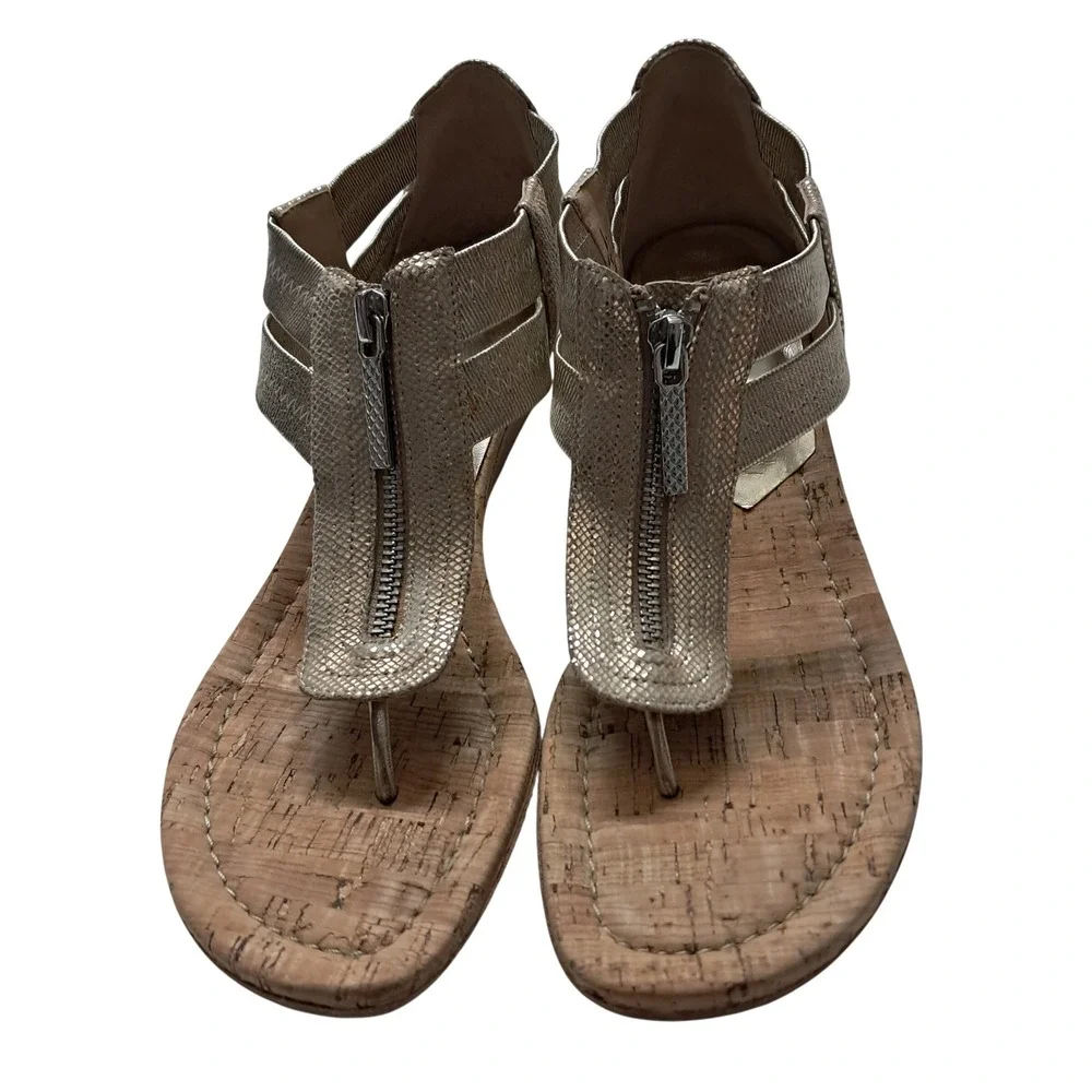 Donald J Pliner Sandals Women 9M Gold Dori Wedge Thong Zip Metallic Leather Boho